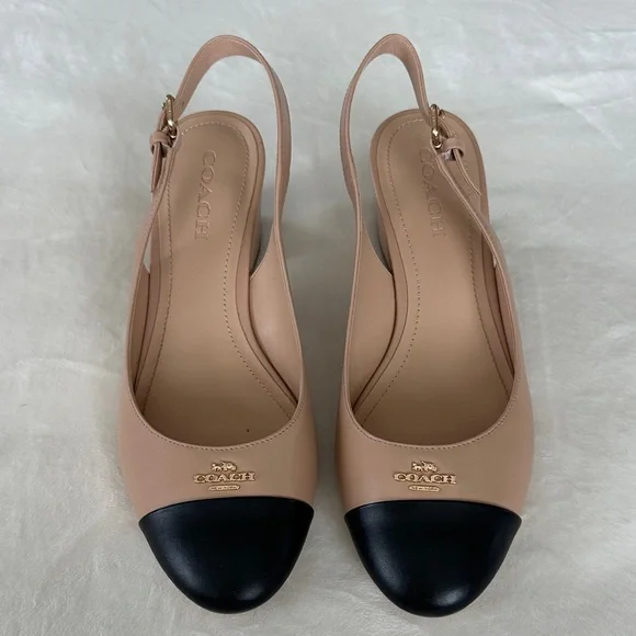Coach Nude Black Cap Toe Erica Slingback Block Heel Pumps Women’s Size 10B - Picture 3 of 7